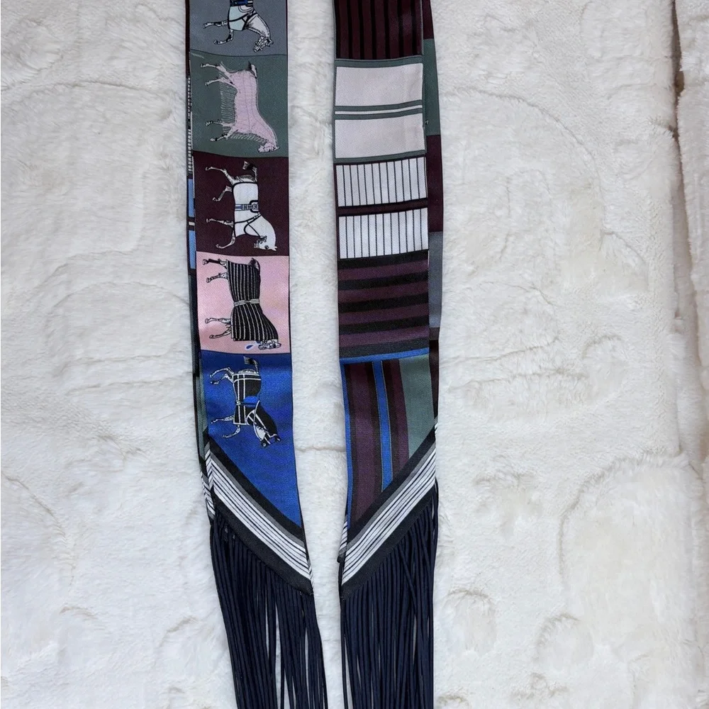 Fringe Handbag Wrap/ Scarf in Color: Blue Fringe with Pink/Blue Horse Pattern